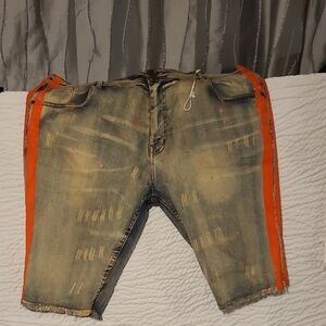 Men's Distressed Denim Shorts with Orange Stripes